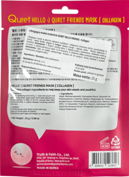 Tył różowej saszetki maski Quret Friends Collagen, z białymi napisami i szczegółową listą składników.