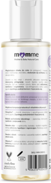 Tył białej butelki Momme Wygładzającej oliwki do ciała dla dzieci, widoczne logo, opis i składniki aktywne.
