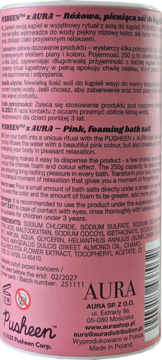 Tył różowego opakowania soli do kąpieli Pusheen Aura, Pink Foaming Bath Salt 250g, z listą składników.
