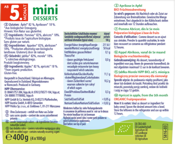 Tył opakowania HiPP 5 Mini Desserts Jabłka-Morele BIO, z tabelą wartości odżywczych i składem w wielu językach.