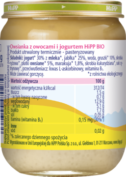 HIPP BIO od pokoleń Moje Śniadanko,owsianka z owocami i jogurtem, po 9. m-cu,tył
