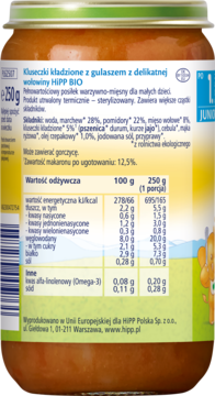 Tył etykiety HiPP BIO Kluseczki z gulaszem, widoczne składniki i szczegółowa tabela wartości odżywczych.