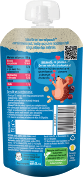 Tył tubki Gerber Incredipouch Autumn Fruits, puree owocowe z musli, niebieski z danymi odżywczymi i jeżem.