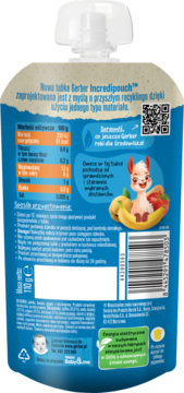 Tył tubki Gerber Incredipouch Yellow Fruits, 110g, z tabelą odżywczą, kodem kreskowym i lamą w bananie.