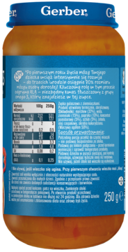Tył słoiczka Gerber Junior Zupa gulaszowa 250g z widoczną etykietą, tekstem o ALA i tabelą wartości odżywczych.