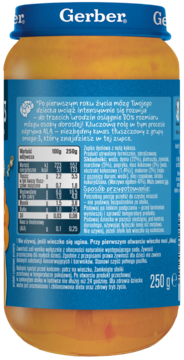 Tył słoiczka Gerber Junior, zupa dyniowa z kokosem, 250g, niebieska etykieta z danymi i ALA.