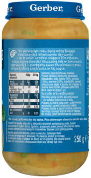 Tylna etykieta słoiczka zupki Gerber Junior kalafiorowo-brokułowej 250g, z tabelą wartości odżywczych.