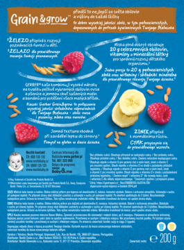 Tył niebieskiego opakowania kaszki Gerber Grain & Grow, banan-malina 6m+. Info o składzie, witaminach i 20g zbóż.