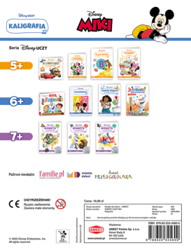 Tylna okładka książki 'Kaligrafia Disney Uczy' z Miki, prezentująca serię dla dzieci 5+, 6+, 7+, logo i kody.