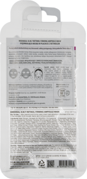 Tył białego opakowania Mediheal N.M.F Retinol Firming Ampoule Mask z instrukcją i składem.