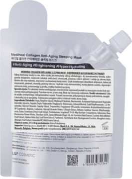 Tył elastycznej, białej saszetki Mediheal Collagen Anti-Aging Sleeping Mask z polskim opisem i nakrętką.