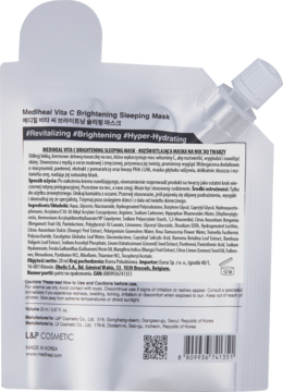 Tył srebrno-białej saszetki Mediheal Vita C Brightening Sleeping Mask, szczegółowy opis po polsku i składniki.