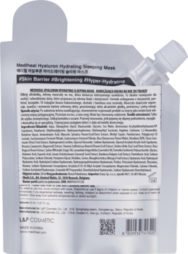 Tył srebrnej saszetki Mediheal Hyaluron Hydrating Sleeping Mask z białą etykietą i listą składników.