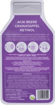 Tył fioletowej maski w płachcie Yeauty: jagody acai, granat, retinol, widoczne instrukcje i lista składników.