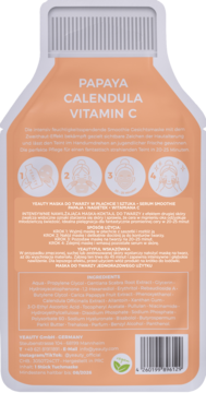 Tył pomarańczowej maski w płachcie Yeauty Papaya Calendula Vitamin C, z polskim opisem i listą składników.