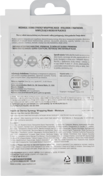 Tył koreańskiej maski Mediheal Derma Synergy Wrapping z kwasem hialuronowym, białe opakowanie z tekstem i kodem.
