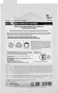 Tył opakowania maski w płachcie Mediheal Derma Synergy Teatree & Cica z polskim opisem i instrukcją użycia.