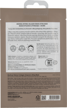 Tył beżowej saszetki maski Mediheal Retinol Collagen Ampoule Lifting, instrukcje, składniki, opis produktu.