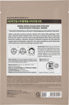 Tył beżowego opakowania maski Mediheal Retinol Collagen Lifting w płachcie, z instrukcją i składnikami po polsku.
