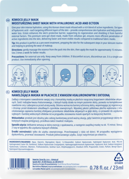 Tył saszetki Kimoco Jelly Mask nawilżającej z kwasem hialuronowym i ektoiną, z instrukcjami i grafikami aplikacji.