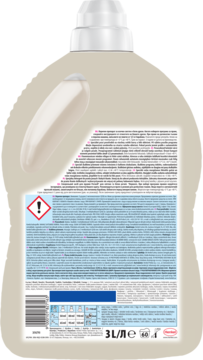 Tył jasnej, plastikowej butelki płynu do prania Perwoll Renew 3L dla białych tkanin, z etykietą i kodem.