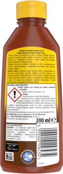 Tył brązowej butelki Pronto Expert Care do drewna 200 ml, z żółtą nakrętką i etykietą.