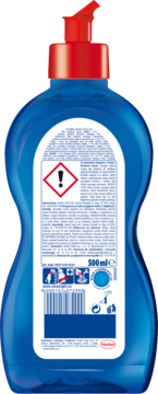 Tylne ujęcie niebieskiej butelki nabłyszczacza Somat Duo Power Experts 500ml z czerwoną pompką i etykietą ostrzegawczą.