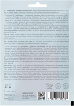 Tył białej maski hydrożelowej Biotaniqe Glass Skin z opisem kolagenu, Hyaluron 4D i probiotyków oraz kodem QR.