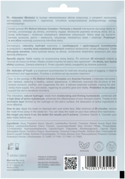 Tył opakowania maski Biotaniqe Aktywator Młodości z retinolem. Biała saszetka, szczegółowy skład PL/EN.