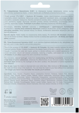 Tył opakowania Biotaniqe Hydrożelowej maski nawilżającej, z opisem Hyaluron 4D Complex i probiotykami.