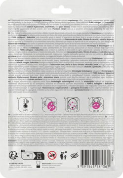 Tył liftingującej maski Cryo Collagen z PDRN w saszetce. Widoczne instrukcje, składniki, diagramy i kod kreskowy.