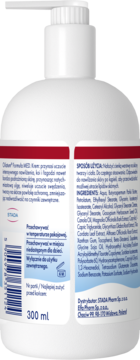 Tył białego kremu do ciała Oilatum Formuła MED 300ml z pompką. Widoczne opisy i składniki.