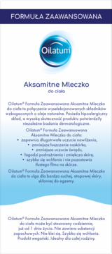Oilatum Aksamitne Mleczko do ciała, zaawansowana formuła dla suchej, atopowej skóry, biało-niebieska etykieta.