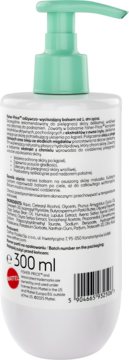 Tył balsamu Fisher Price Hello Bath Time, biała butelka 300 ml z zieloną pompką. Widoczny opis i skład dla dzieci.