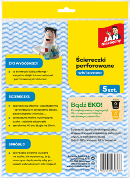 Tył opakowania Jan Niezbędny ściereczki wiskozowe perforowane. Błękitne tło, żółte pola z opisem produktu.