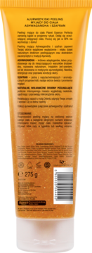 Tył złocistej tuby peelingu Perfecta Planet Essence Ashwagandha i Szafran 275g, widoczna ziarnista konsystencja.