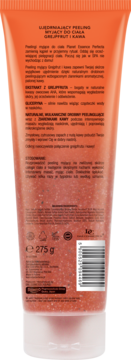 Tył pomarańczowej tubki peelingu Perfecta Planet Essence Grejpfrut i Kawa. Widoczne drobinki, polski opis składników.