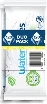 WaterWipes chusteczki nawilżane aloesowe w dwupaku po 120 sztuk. Białe opakowania plastik-free, widok z przodu.