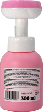 Tył różowej butelki z pompką, Rossmann 300 ml hipoalergicznego płynu do mycia, widoczna etykieta ze składem.