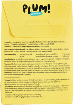 Tył żółtego opakowania zestawu Plum! Czyściochowo do tworzenia kuli kąpielowej z zabawką, widoczne szczegóły i skład.