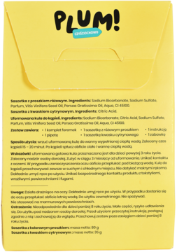 Tył żółtego opakowania Plum! Czyściochowo, zestawu do tworzenia kul kąpielowych z zabawką, widoczny tekst.