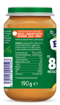 Tył słoiczka z przecierem owocowym Bebi, brzoskwinia, jabłko, mango dla dzieci od 8 miesięcy, z danymi żywieniowymi.