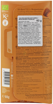 Tył opakowania czekolady Benjamissimo słony karmel migdały. Brązowe, BIO wegańskie 60g, z listą składników.
