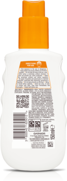 Tył białej butelki balsamu do opalania SPF 30 Garnier Ambre Solaire, z pomarańczowym korkiem i widocznymi instrukcjami.