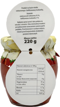Miód truskawkowy Pszczelarza Kozackiego, tył etykiety z tabelą wartości odżywczych, masa netto 220g.