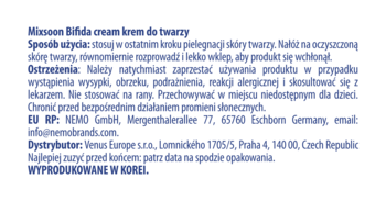Mixsoon Bifida krem do twarzy, nawilżający. Zbliżenie na białą etykietę z polskimi instrukcjami i ostrzeżeniami.
