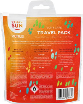 Tył pomarańczowo-żółtego opakowania Venus Golden Sun Travel Pack. Zestaw do opalania, SPF 50 i 30, z emulsją, olejkiem i żelem.