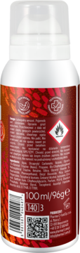 Tył biało-brązowej butelki Venus Golden Sun, tonującej pianki SPF 15, ze składnikami, kodem QR i symbolem łatwopalności.
