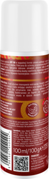 Tył biało-brązowej butelki emulsji do opalania Venus Golden Sun SPF 50, z polskim opisem i QR kodem.