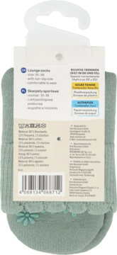 Tył opakowania zielonych skarpetek lounge z antypoślizgową podeszwą, widoczne informacje o rozmiarze i składzie.